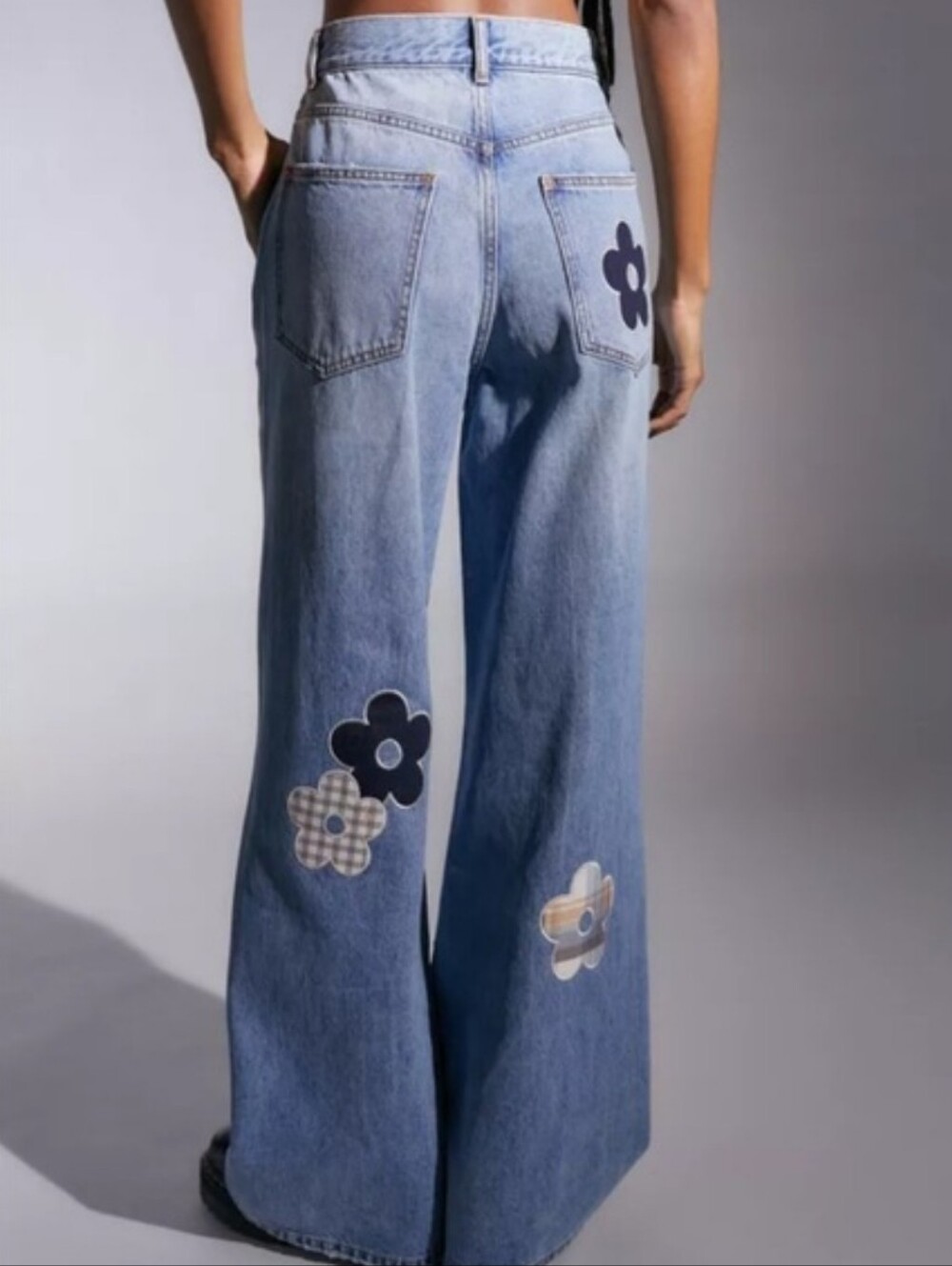Urban Outfitters Light Blue Distressed Wide Leg Jeans with Floral Patches